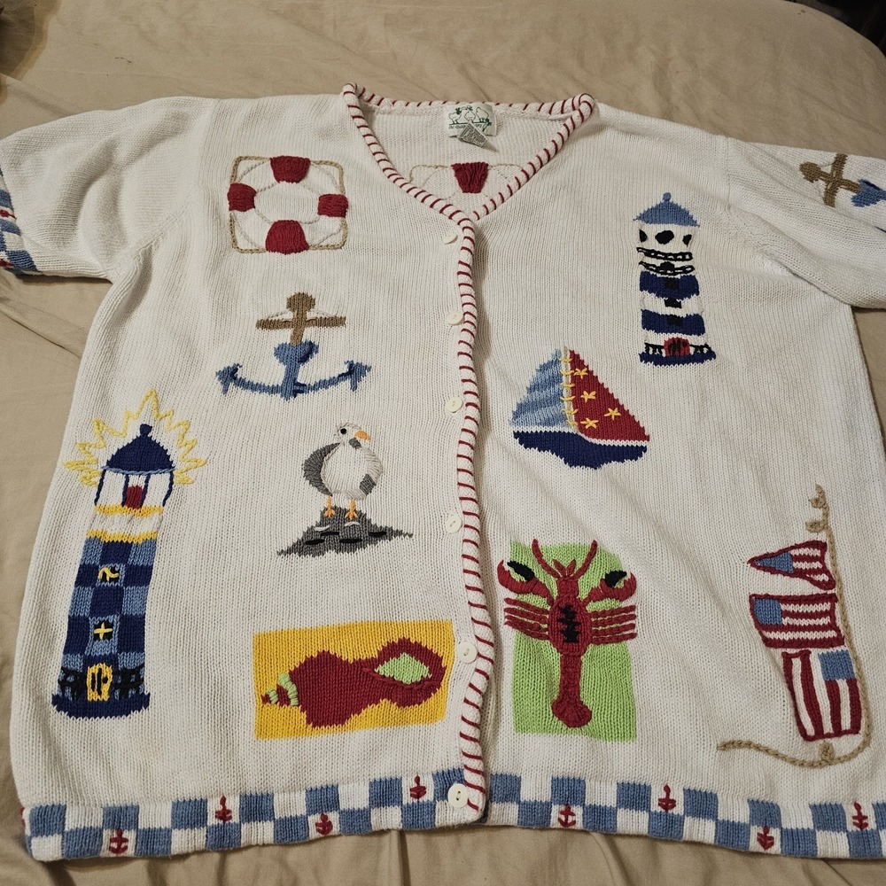 Vintage The Quacker Factory Nautical Cardigan Size 1X With Matching Button Cover